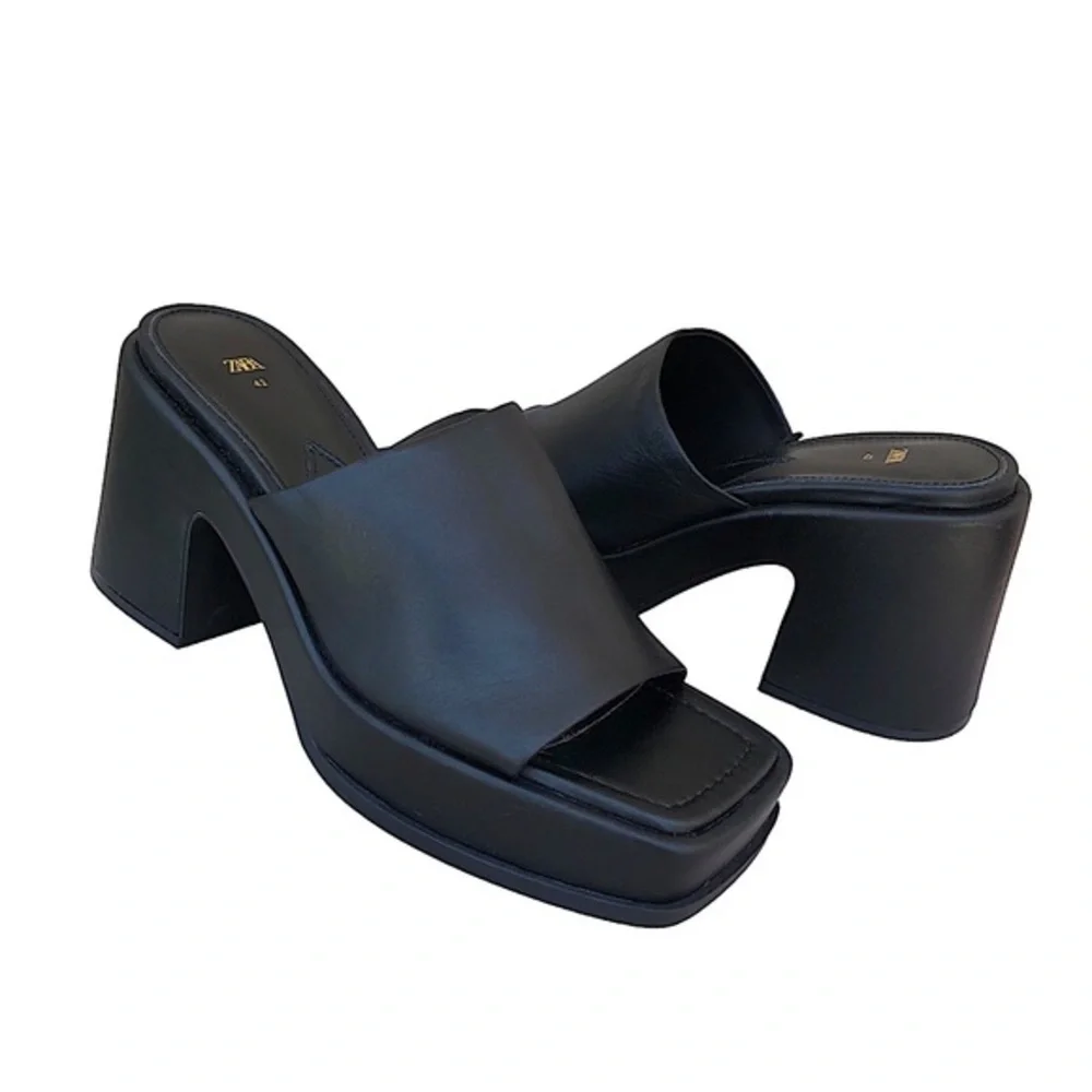 Zara Black Leather Chunky Heel Squared Toe Versatile Slip On Platform Shoes‎ 42